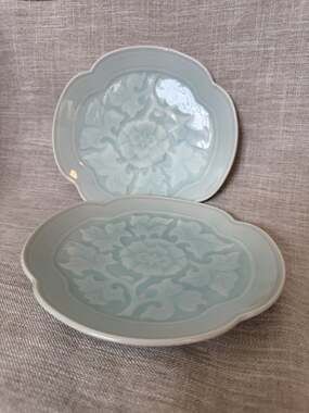 Vintage Celadon Lotus-shaped Ceramic Dessert Plates | Set Of 2 : 7.5”x7”